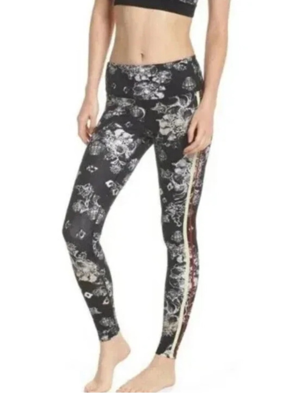 Free People Movement Floral Print Black Leggings with Side Stripe Sz Large